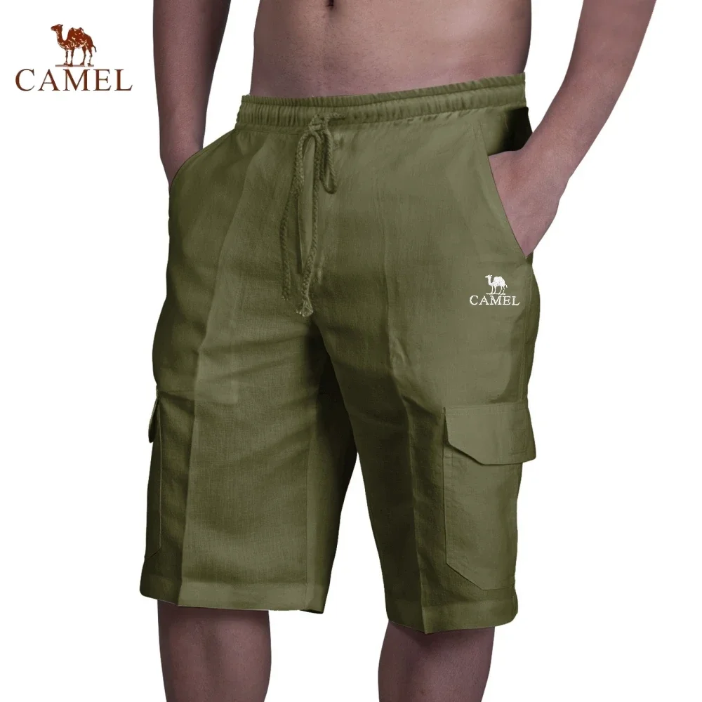 New Embroidered CAMEL Pure Cotton Linen Work Shorts Summer Men\'s Fashion Casual Multi Pocket Breathable Beach Swimming Pants