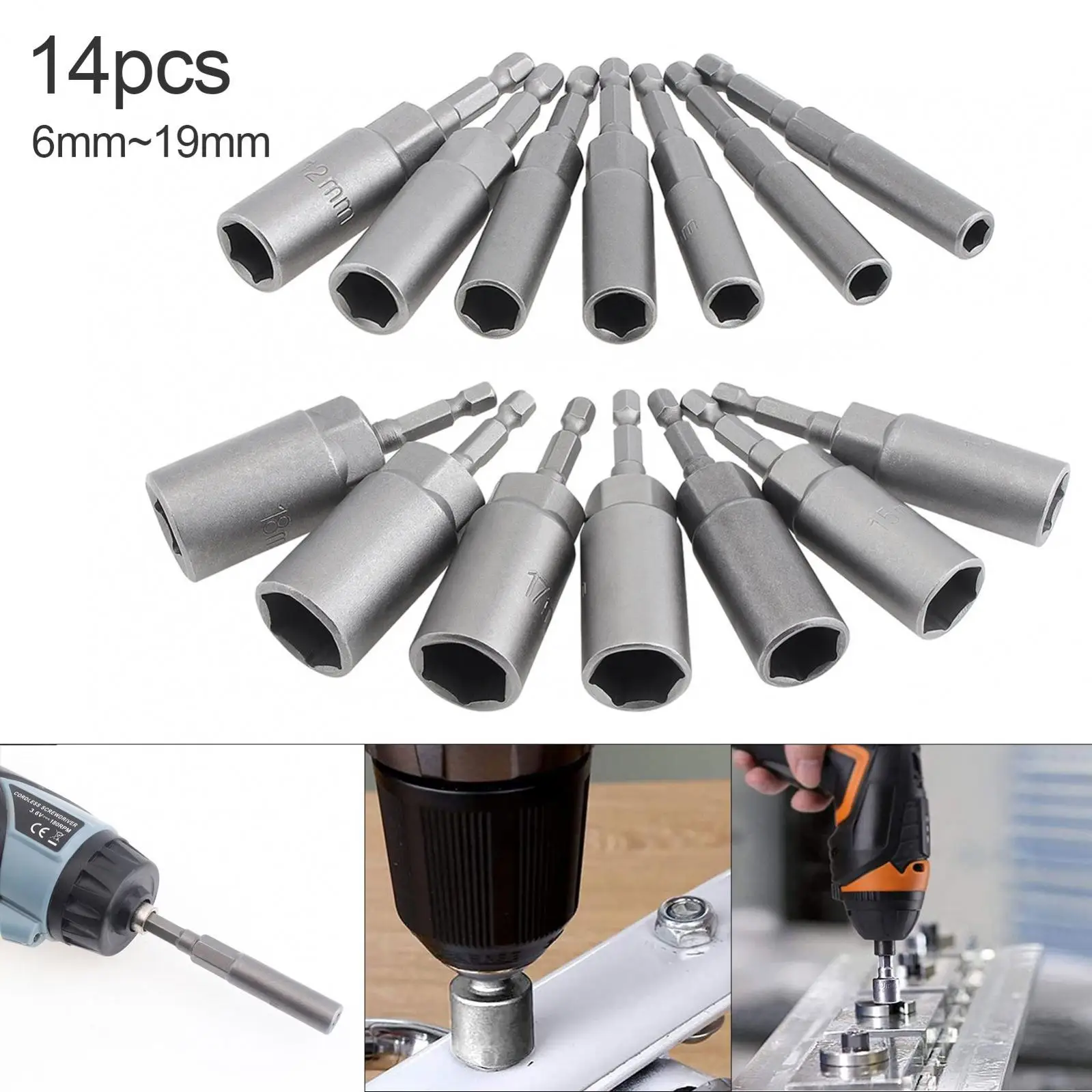 

14pcs Deeper Magnetic Hexagon Sockets 6-19mm 1/4-Inch Hex Shank Nut Setter Driver Drill Bits Set Hex Shank Bolt Remover Tool