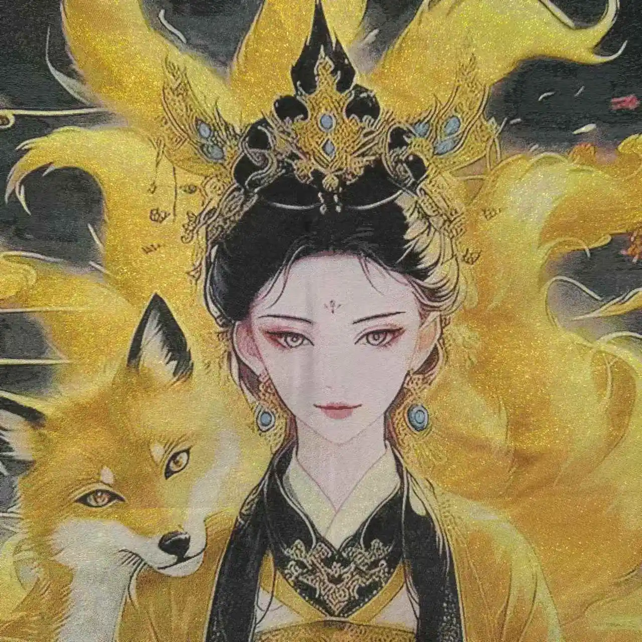 

35"Thangka Embroidery Tibetan Buddhism Silk Embroidery Nine Tailed Fox Fairy immortal Buddha Thangka hanging screen Worship Hall