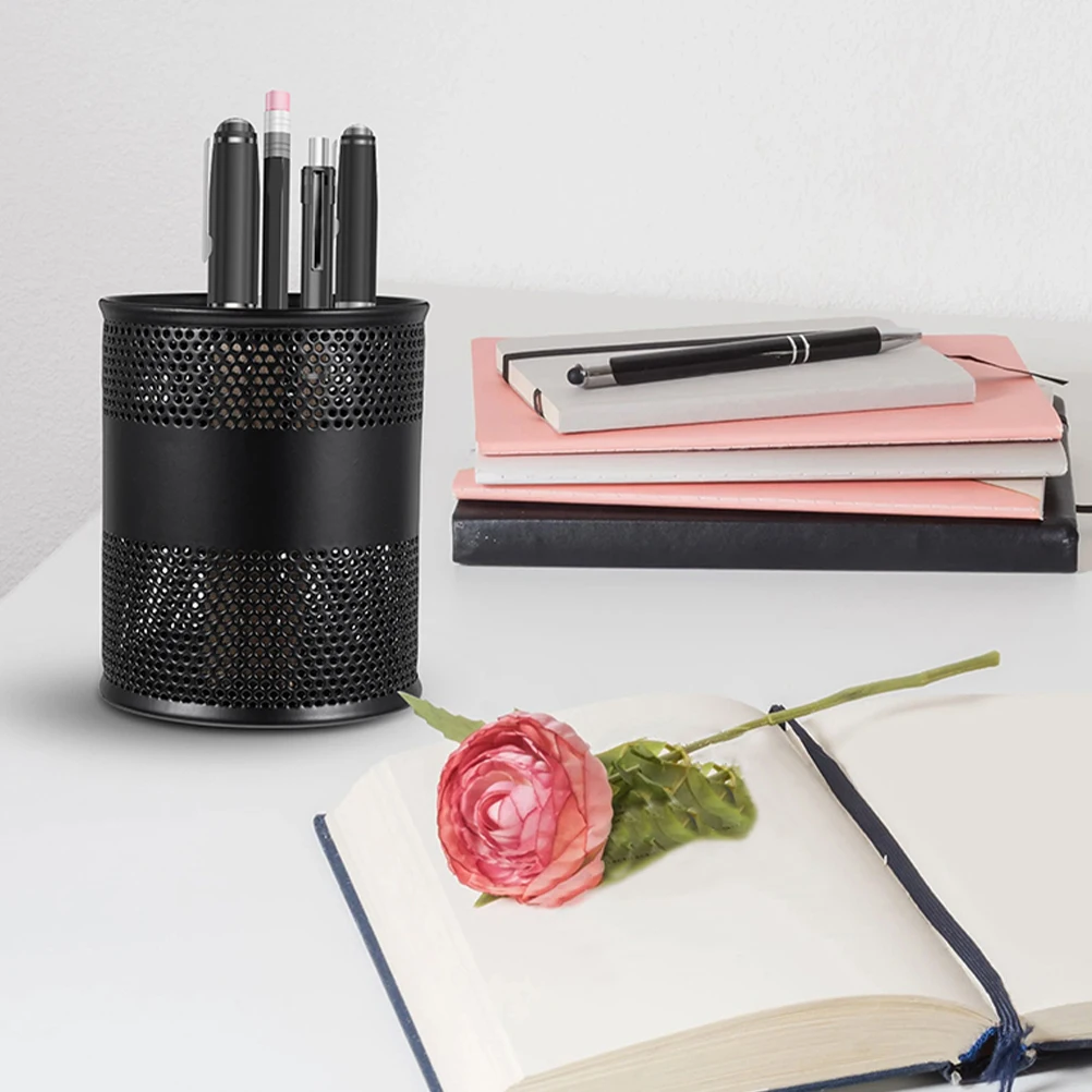 1Pcs Round Metal Pen Holder Premium Iron Mesh Construction Wear-Resistant Lightweight Portable Desk Organizer for Stationery