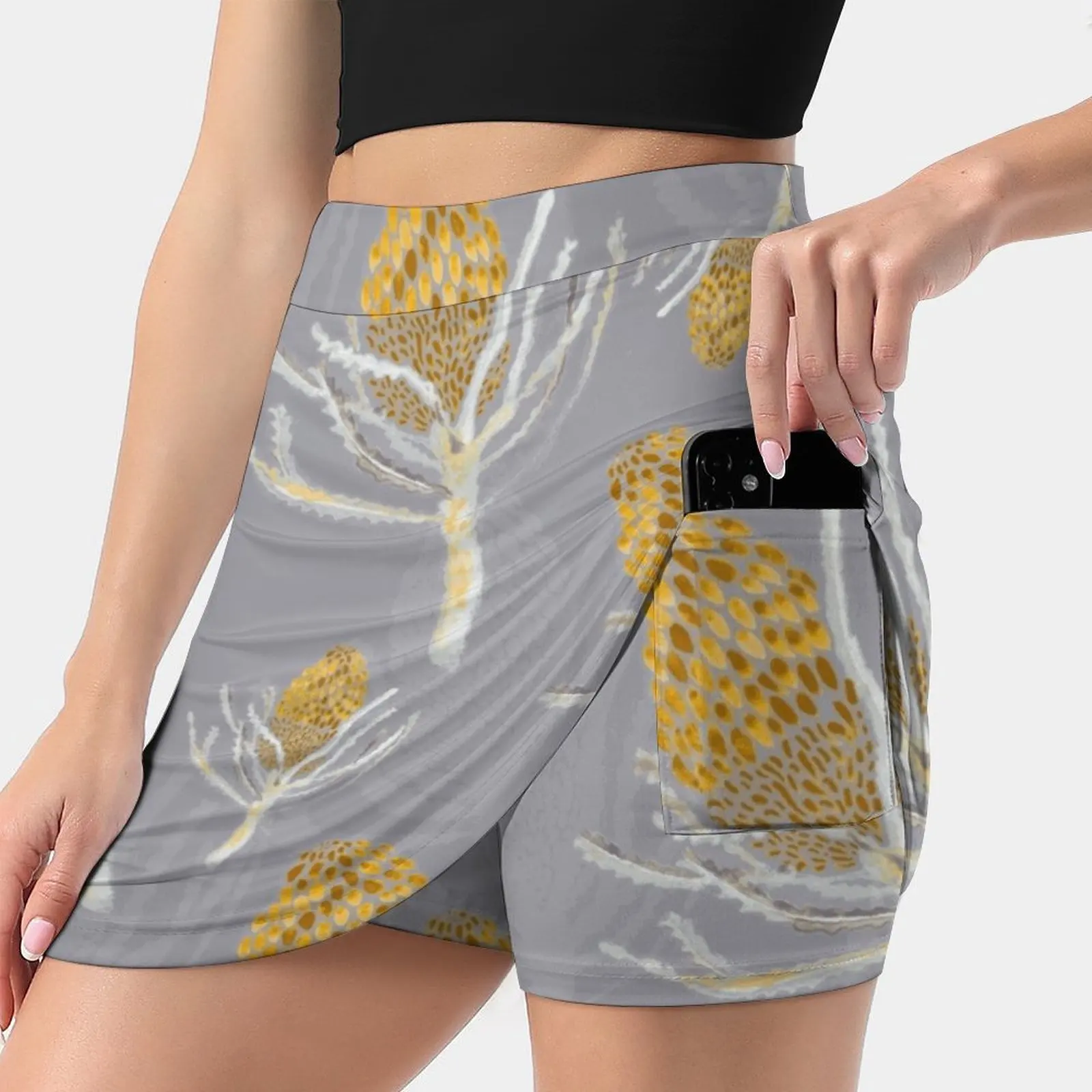 Seamless Mustard Protea On Grey S-4Xl Tennis Skirts Golf Fitness Athletic Shorts Skirt With Phone Pocket Handillustratedprotea