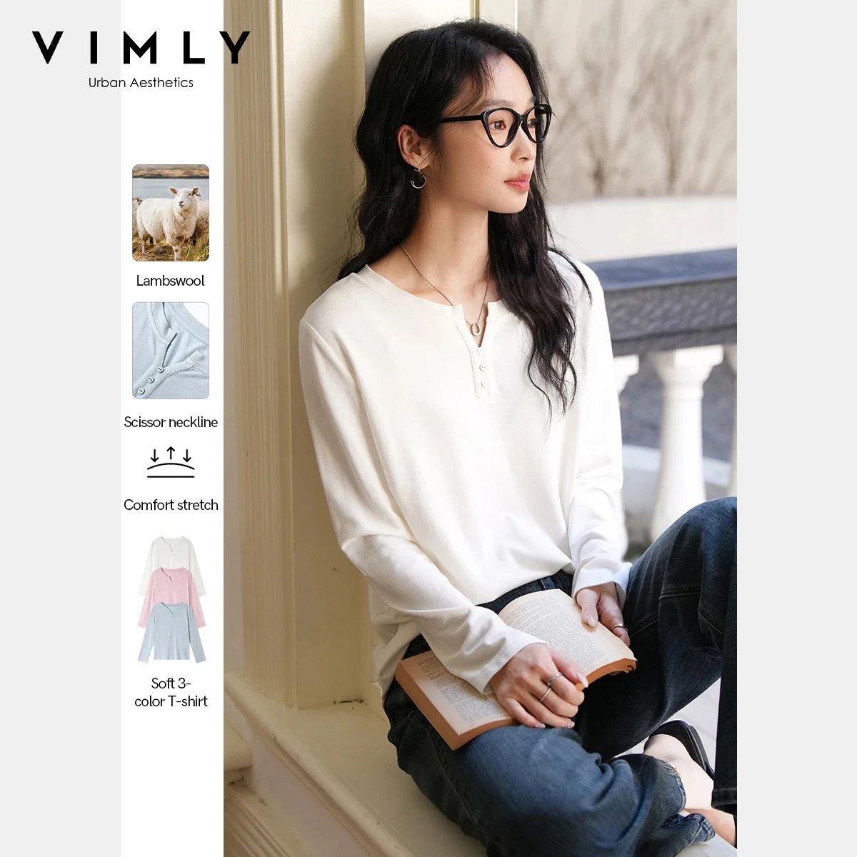 VIMLY ريترو بسيط تي شيرت للمرأة 2025 الخريف جديد الخامس الرقبة الصلبة تيز تنوعا الأساسية البلوز القمم الملابس النسائية A0633 #1