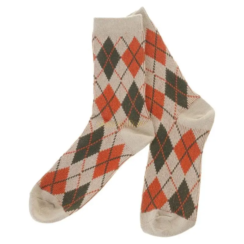 

31BF Women Autumn Ethnic Argyle Diamond Plaid Print Socks Vintage College Preppy Student Cotton Mid-Calf Tube Hosiery