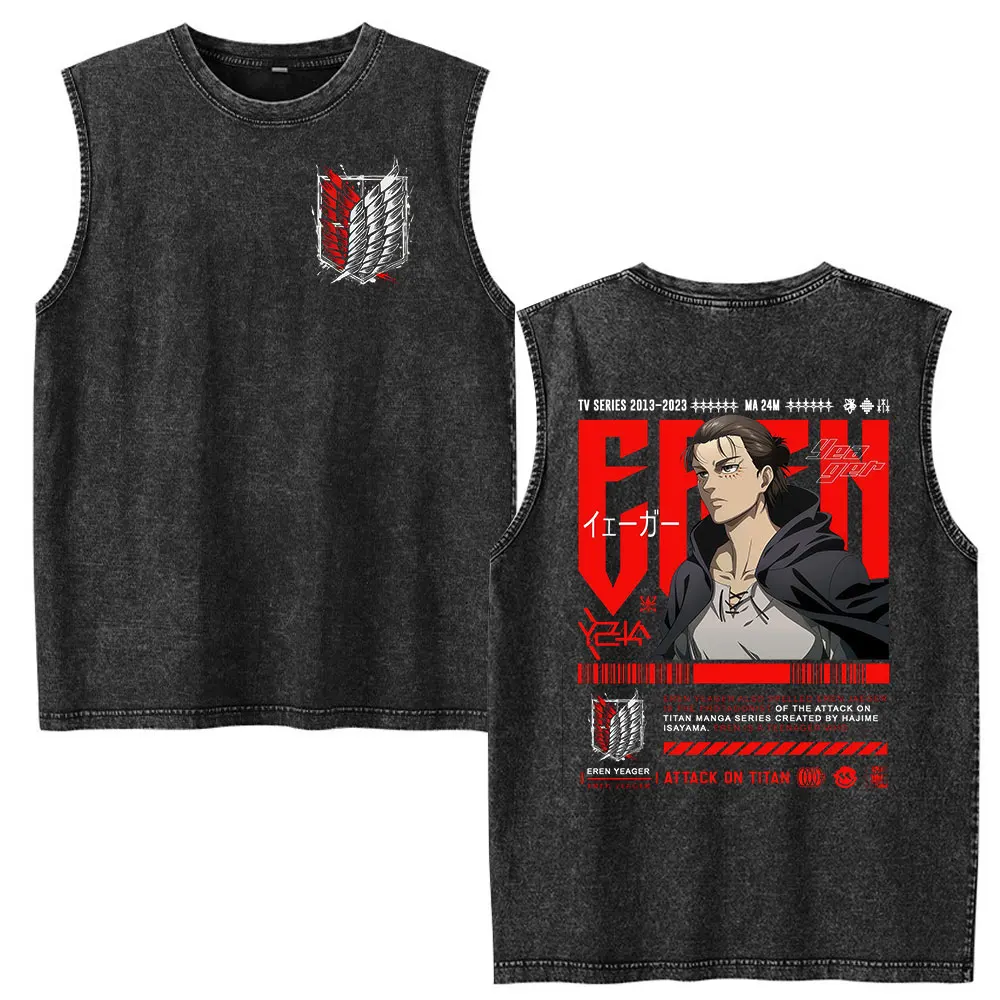 Anime Attack on Titan Eren Jaeger Vintage Washed Tank Tops T Shirts Men's Women Clothing Fashion Cotton Sleeveless Vest T-shirts