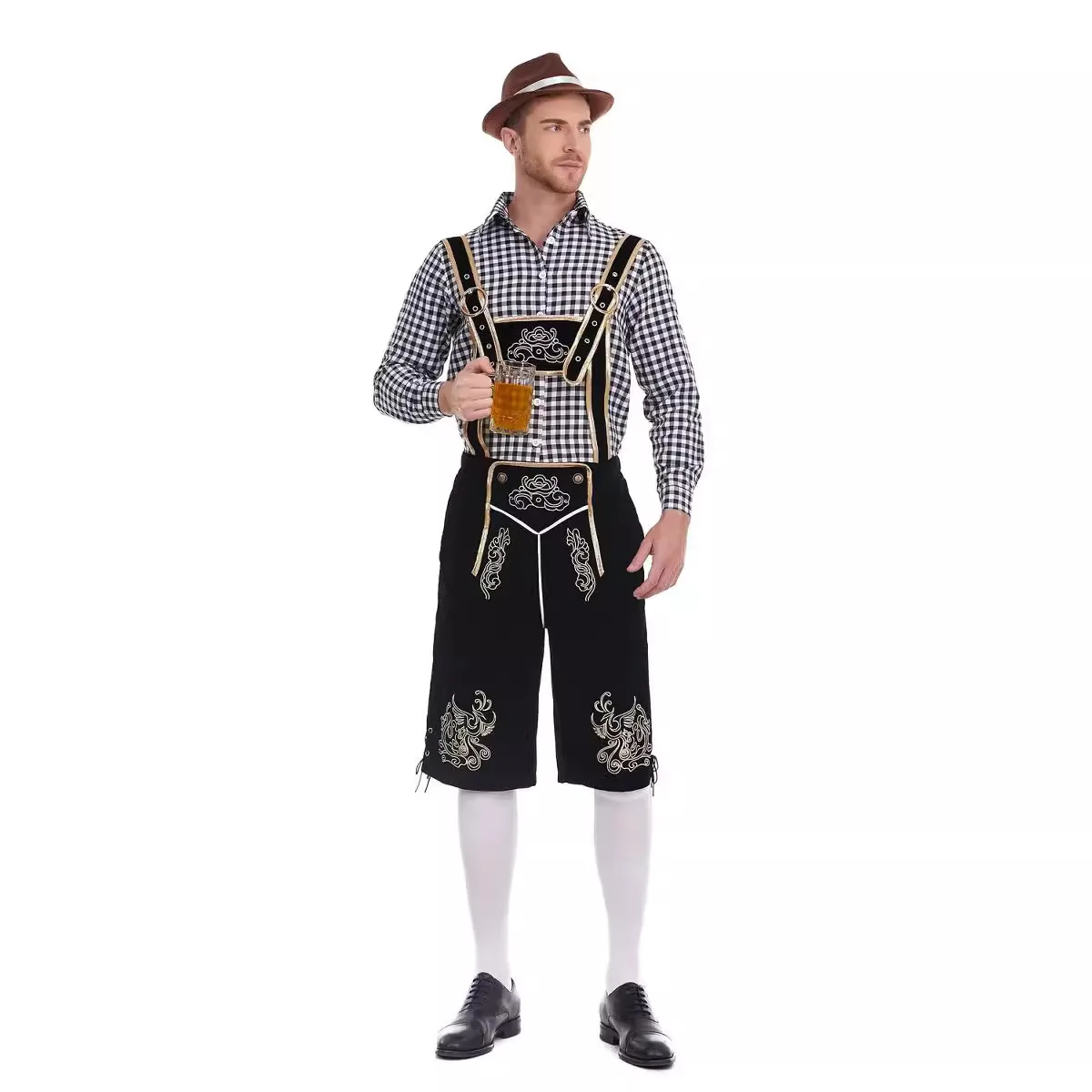 La birra degli uomini dell'oktoberfest bavarese tedesco indossa il vestito delle bretelle della camicia scozzese per adulti