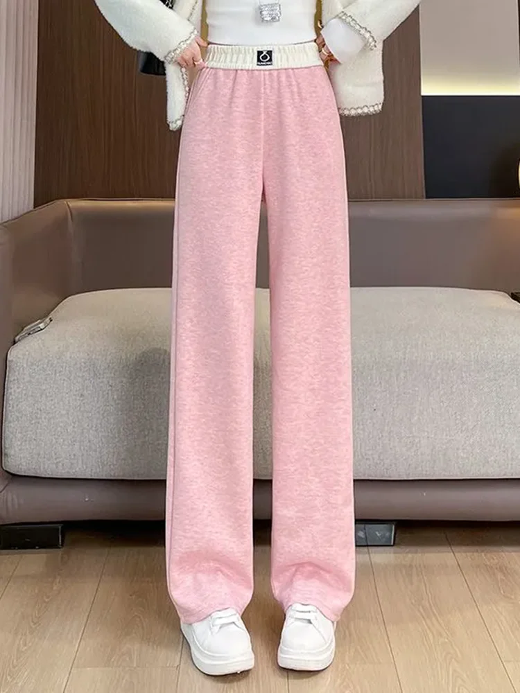 Spliced Design Loose Straight Pants Women Casual Elastic High Waist Sweatpants Korean Fashion Chic Thick Wide Leg Pantalones New
