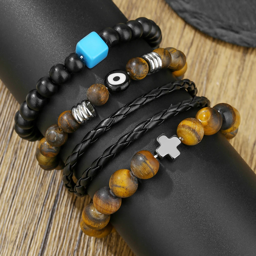 

Bohemian Natural Stone Geometric Cross Eye Leather Bangle Retro Ethnic Style Beaded Bracelet For Men Jewelry Gifts