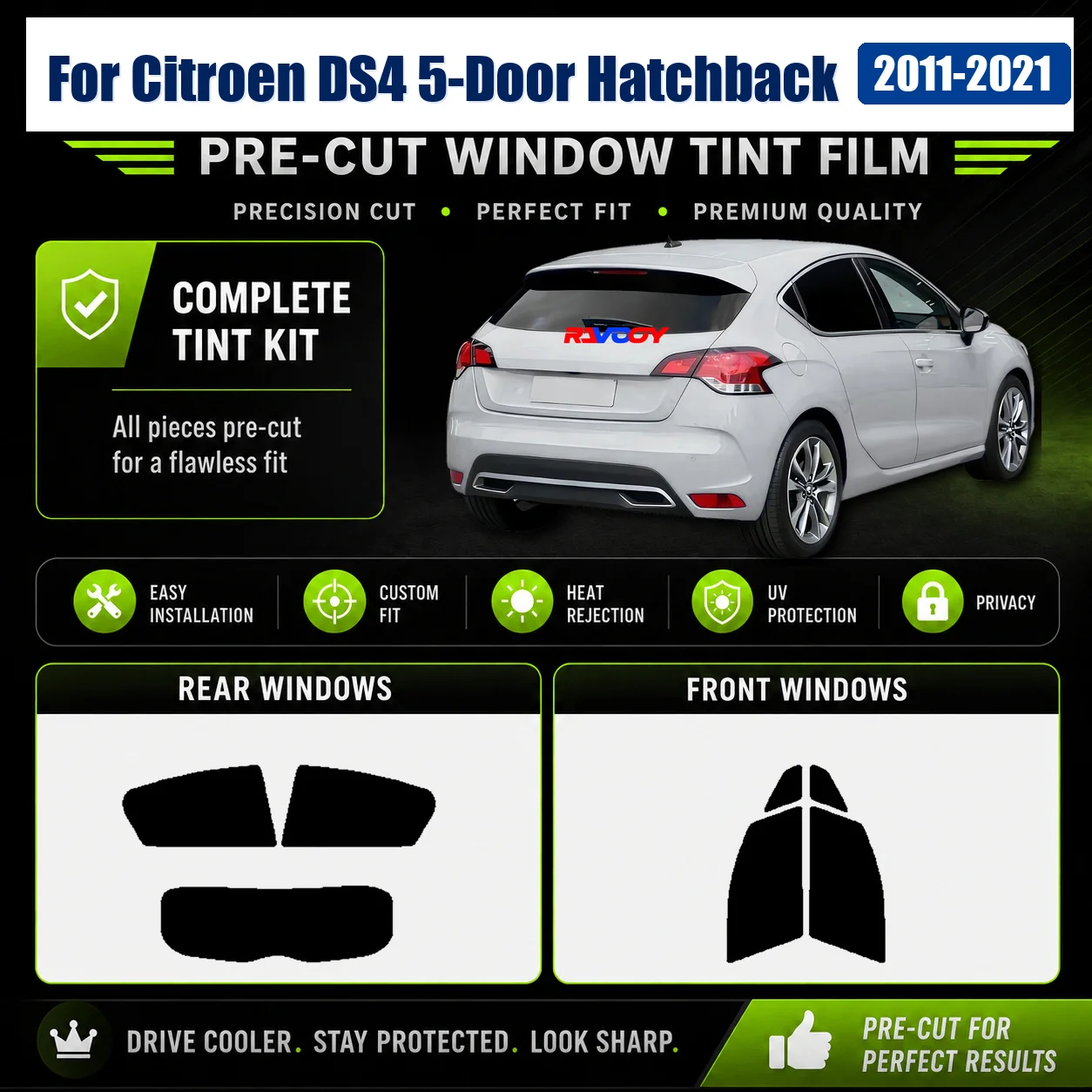 For Citroen DS4 5-Door Hatchback 2011-2021 Precut Tint Film DIY Front & Rear Window Heat & UV Blocking