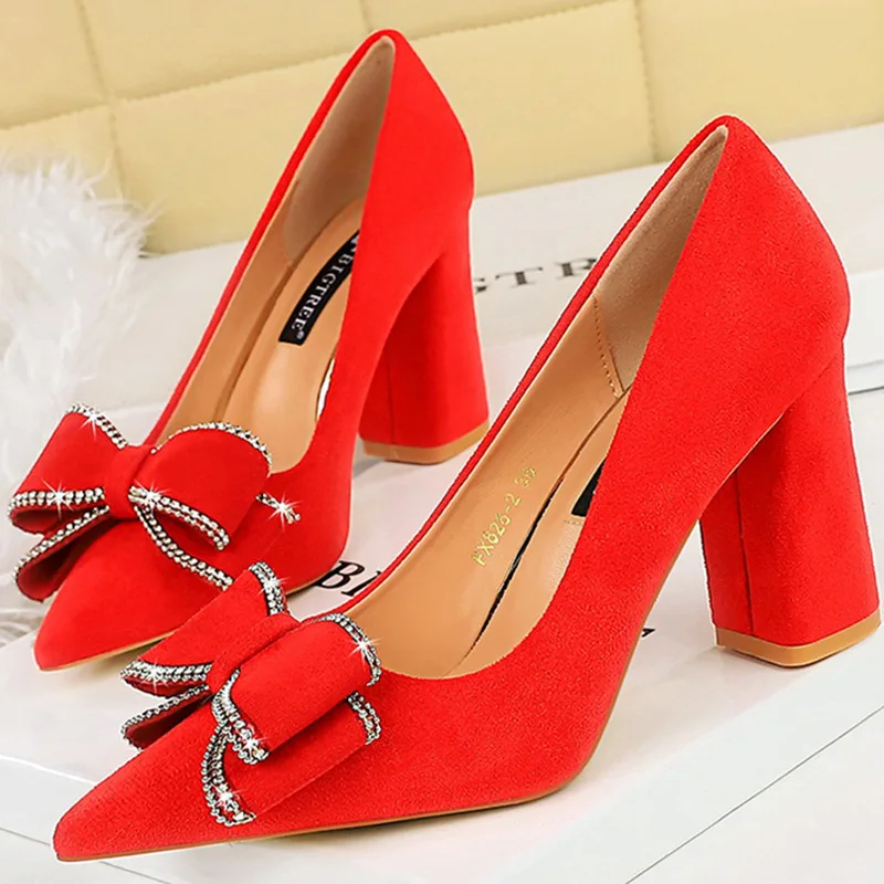 BIGTREE Fairy Style Women Bow Pumps 2024 Spring Fall New 8.5cm Block High Heels Flock Shoes Slip On Small Size 34-40 Black Red