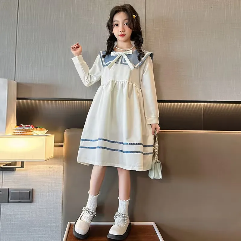 2024 autunno inverno New retro Girls Cotton Sailor Collar bow Teens a-line striped JK Dress Baby Clothes Toddler da 8 a 10 12 anni