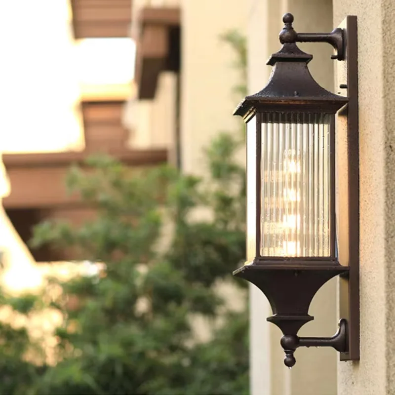 Classic American Outdoor Wall Light Featuring Black Metal Frame Vertically Textured Glass Waterproof Wall Fixture for Villas