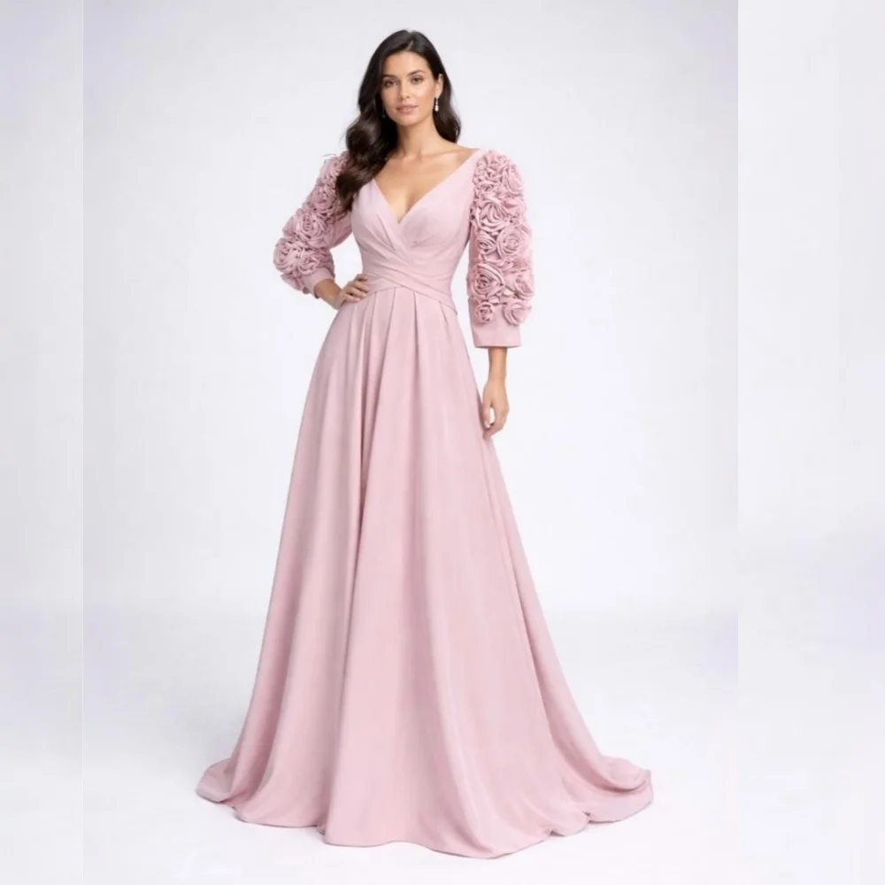 

Customized Elegant Wedding Party Dress Handmade Flower V-neck A-line Long Dresses Formal Evening High Quality