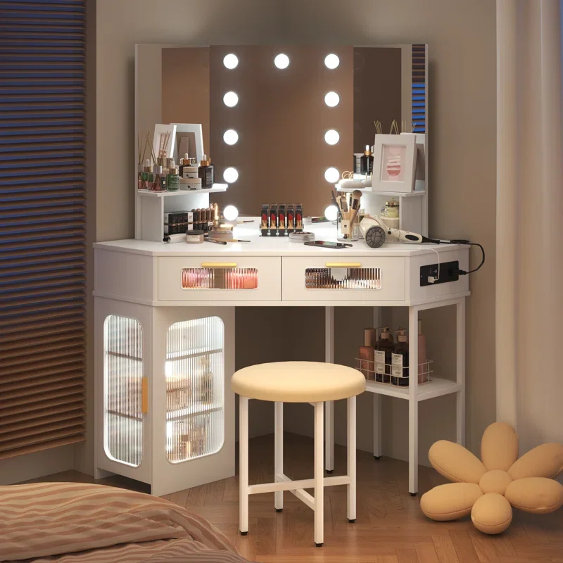 

Sunrise Corner Vanity Desk Set with Lighted Mirror, Charging Station, Storage Shelves,Chest of Drawers for Bedroom