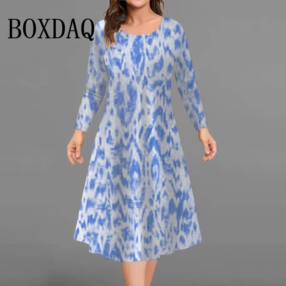 2025 Autunno Casual Mini Abiti da Donna Plus Size Stampato Moda Tie Dye Allentato a Maniche Lunghe O-Collo Abito Corto Semplice Streetwear