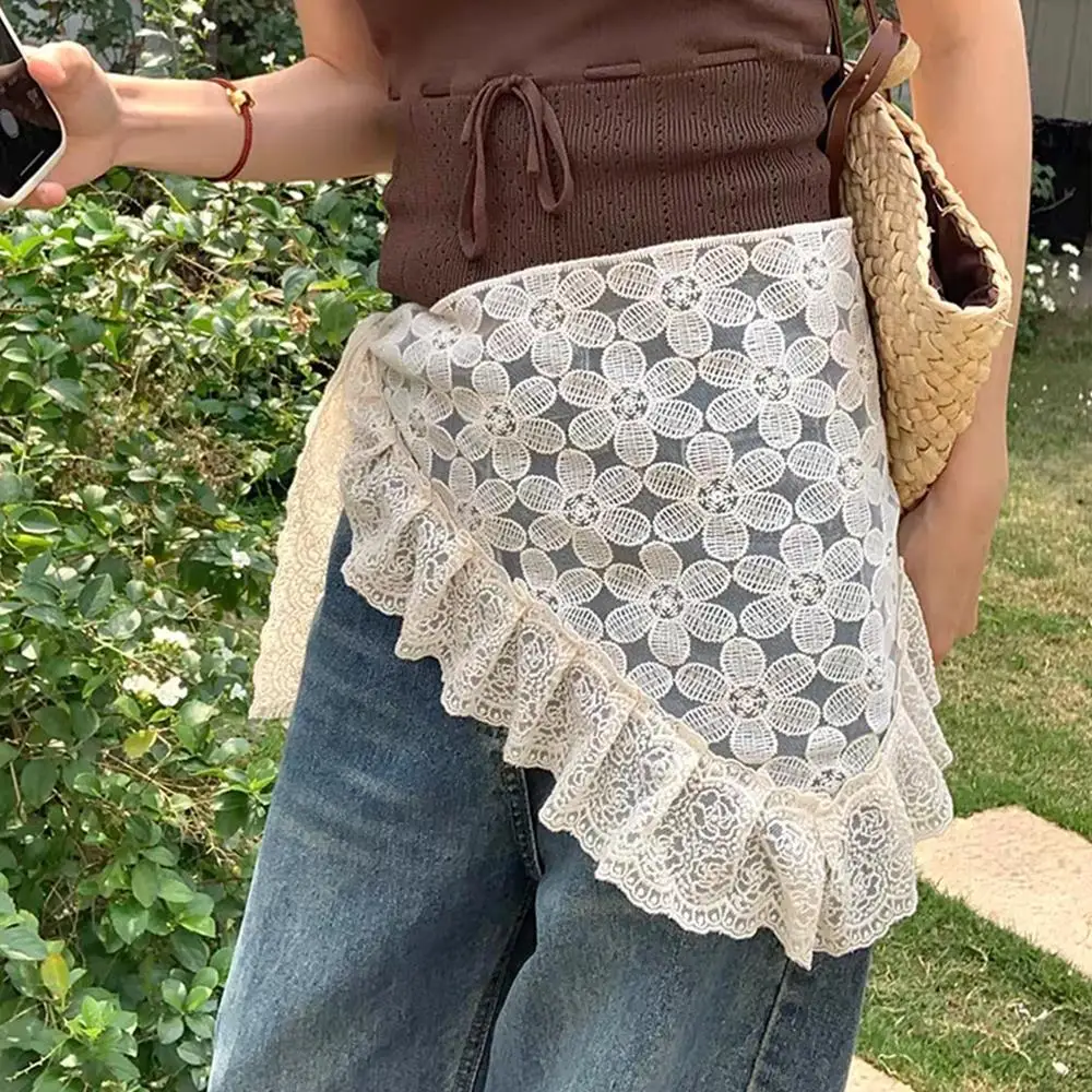 

INS Blogger Hollow lace Flower Skirt Y2k Style Apron Wrap Skirt Fashion Lace-up Matching Pants Girls Y2k Stacked Wrap Skirt