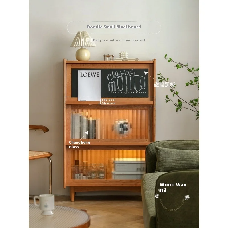 us-Small Bookcase Modern Japanese Solid Cherry Wood Magazine Cabinet Glass Nordic Bookshelf Vintage Furniture Storage-