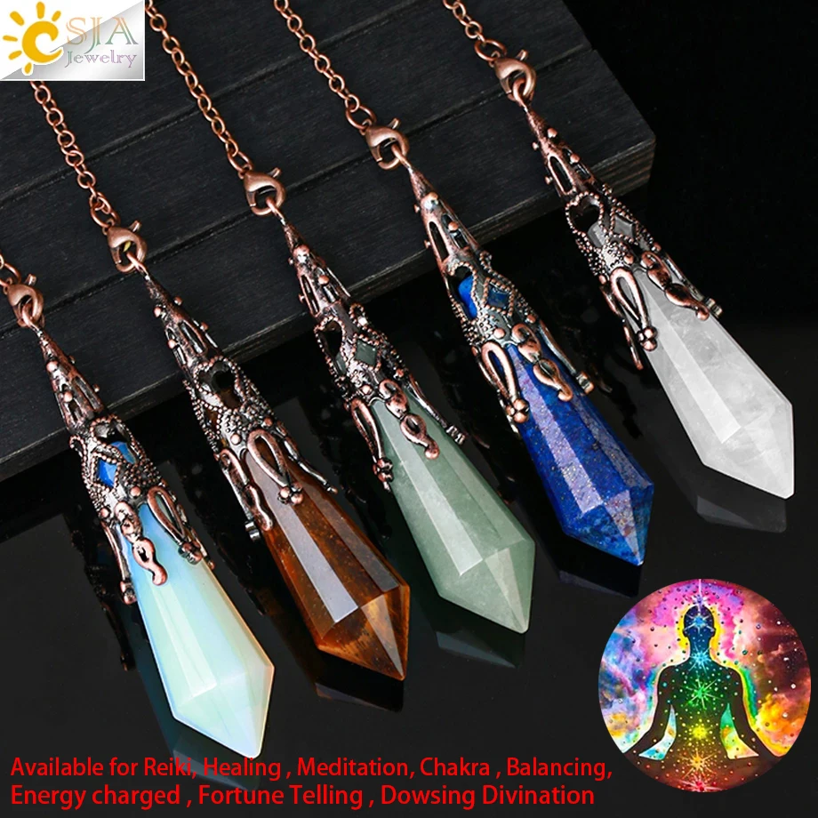 CSJA Natural Stone Crystal Pendulum for Dowsing Antique Pendant Amulet Crystals Divination Pink Quartz Pendulums Pendules G891