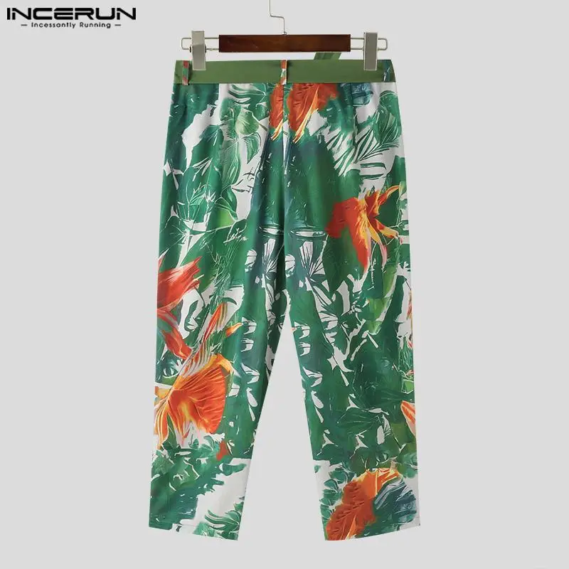 INCERUN 2024 Korean Style Trousers Men\'s Personality Flower Leaf Printing Long Pants Casual Streetwear All-match Pantalons S-5XL