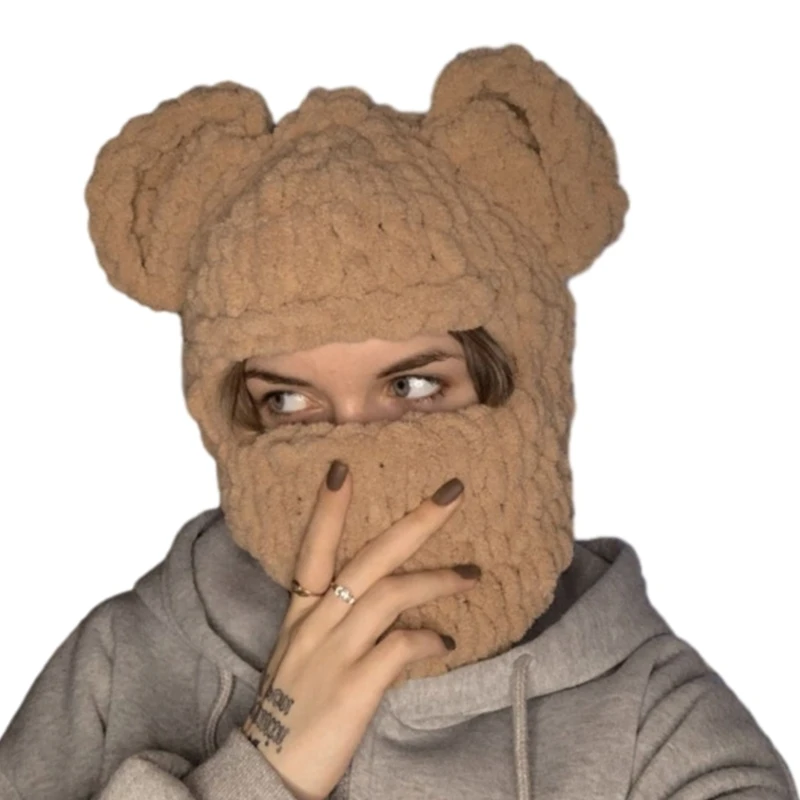 49MD Bear Hat Panda Head Photo Props New Year Thick Halloween Hat Adults Kids Knitted Chenille Yarn Y2K Neck Warmer