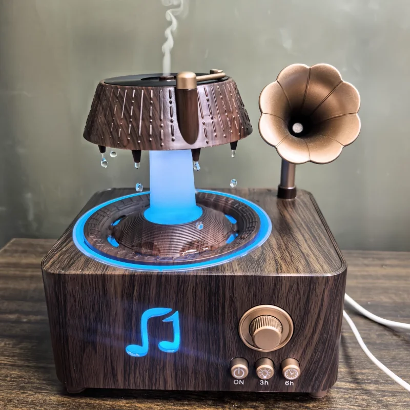 Retro Phonograph Rotating Water Drop Sound Aromatherapy Machine Desktop Bluetooth Humidifier Essential Oil Aromatherapy Machine