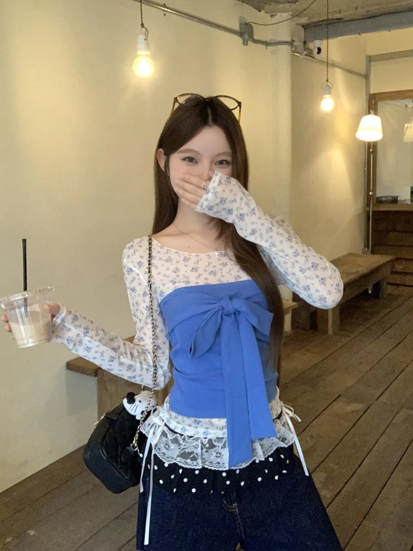 

Summer 2026 Korean Style Floral Print Long Sleeve T-Shirt with Knot Strap Vest Women's Fashion Set Casual Wear
