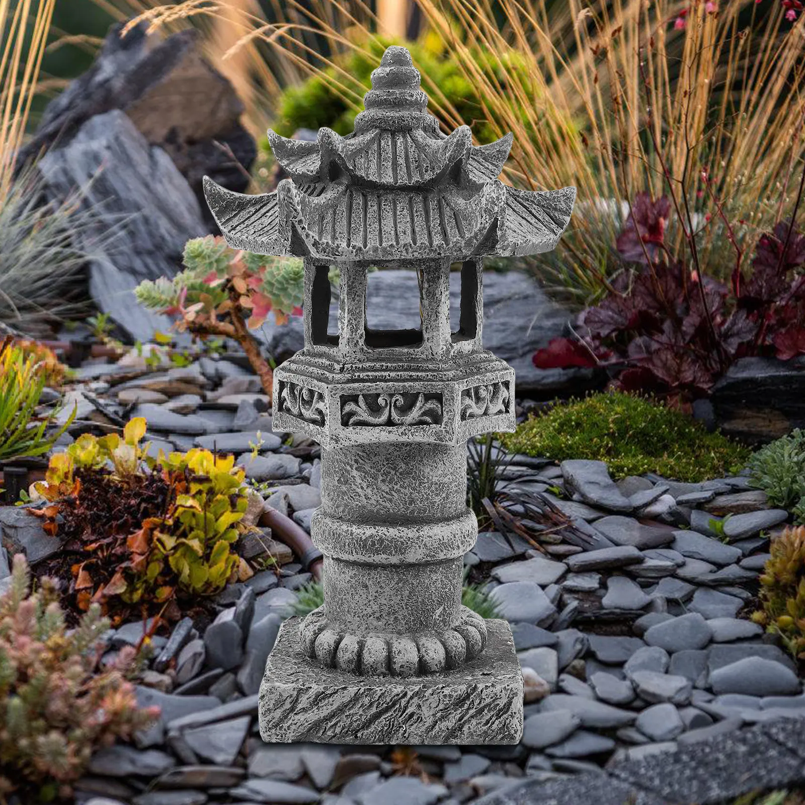 Outdoor Asian Decor Zen Statue Resin Balcony Lantern Grey Japanese Garden Courtyard Sculpture Decoration