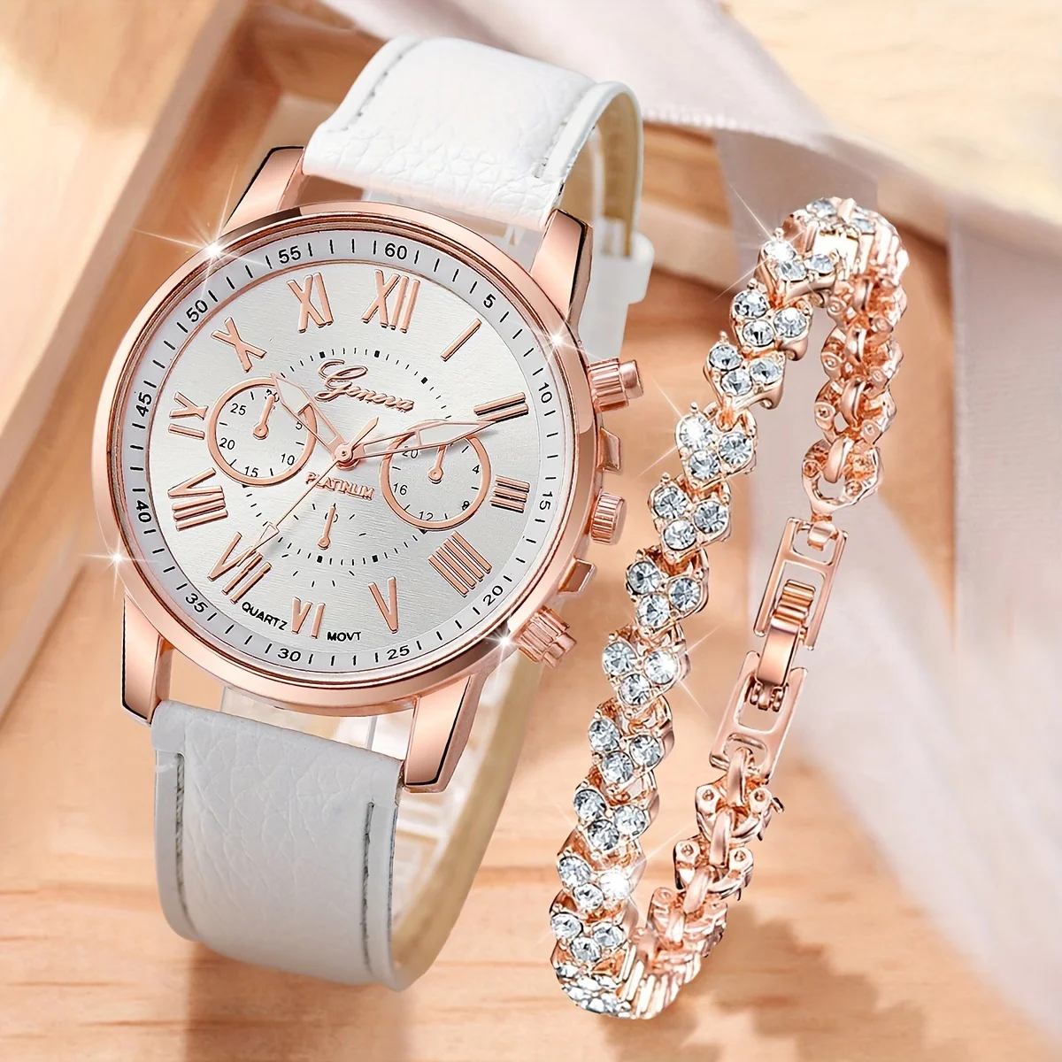 2pcs/set Women's Casual Round Pointer Quartz Watch Analog PU Leather Wrist Watch & Rhinestone Bracelet, Gift For Mom Her