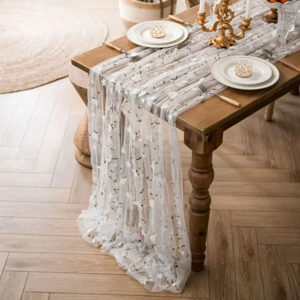 70x300CM Tulle Table Runner Floral Embroidery Polyester Floral Table Runner Lace Sheer Embroidered Lace Table Runner