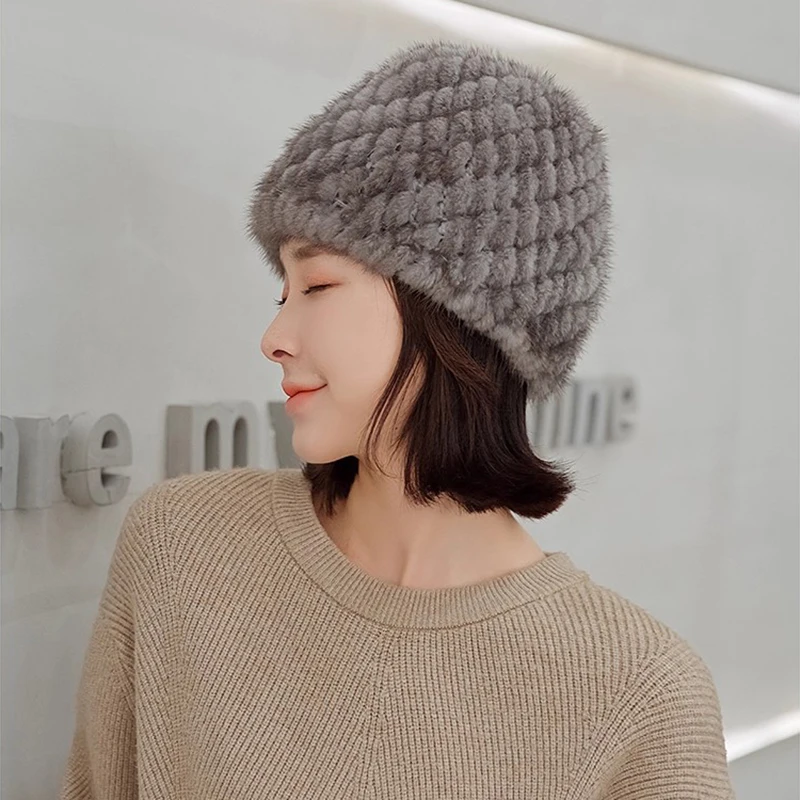 2025年新作-本物のミンクファー帽子-レディース-暖かい冬用ファー-ポンポン帽子-天然毛皮-パイナップルキャップ-ガールズ向け-ロシアファッショントレンド
