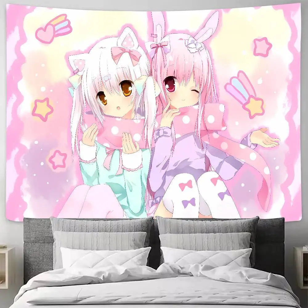 Soft Pink Fairy‑Kei Style Wall Hanging Tapestry, Adorable Cat‑Ear And Bunny‑Ear Anime Girls Wall Decor