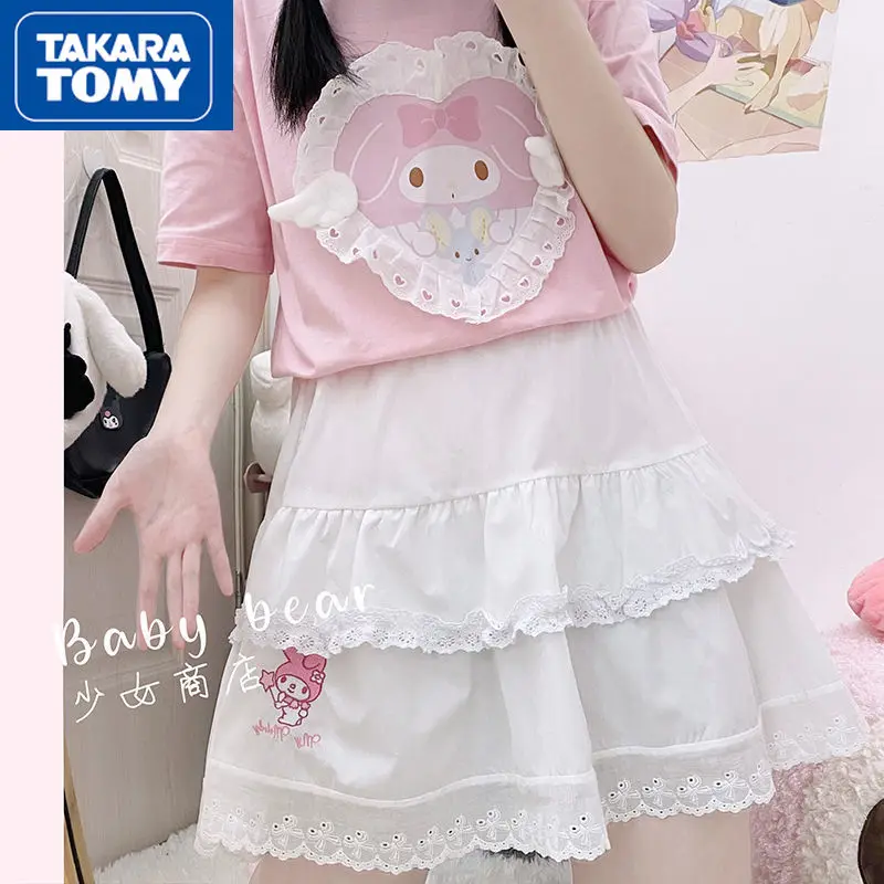 

TAKARA TOMY Hello Kitty Summer New Girls Lace Lace Cute White School Cake Puffy Skirt Student Cute Sweet Pleated Simple Skirt