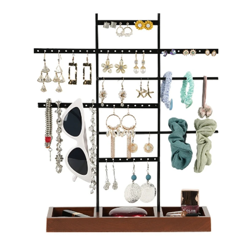 7-Layer Large Earring Jewelry Stand Bracelet Necklace Display Stand Set Kit Solid Wood Base Rings Jewelry Stand