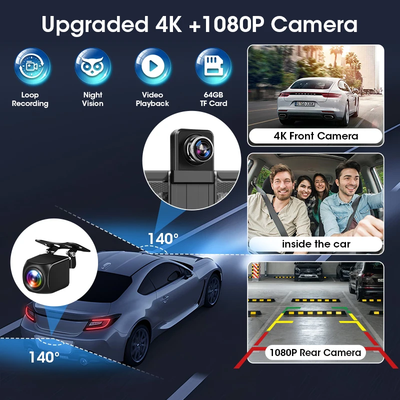 11.26 inch 360° Rotate Car DVR 4K Len Wireless Carplay Android Auto Ai Screen Dash Cam 1080P Rear Camera Navigation Video Record