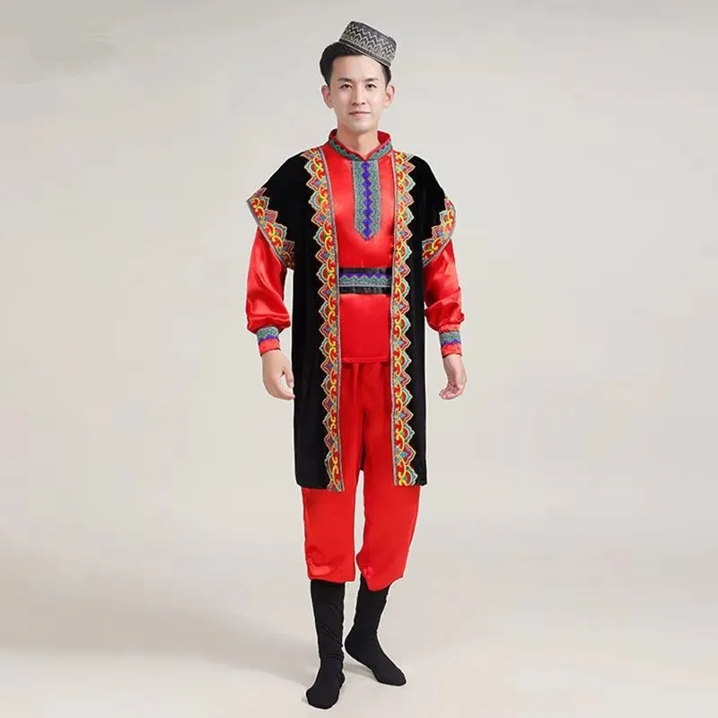 Strój narodowy kazaków dla mężczyzn, czerwono-niebieski, Xinjiang, vintage, ubrania do tańca ujgurskiego, długi rękaw, odzież etniczna dla mniejszości narodowych.