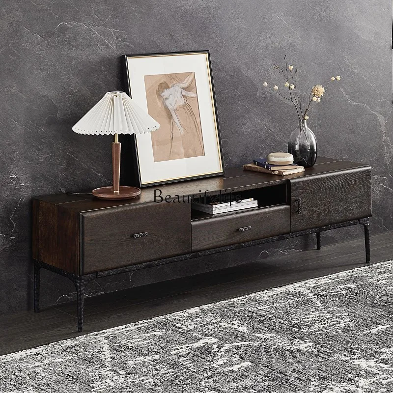 Nordic Retro TV Cabinet Mid-Ancient Style Cast Iron Oak Solid Wood Dark Living Room Floor Cabinet