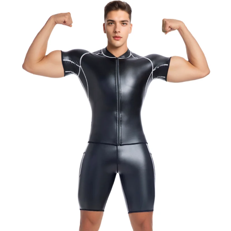 Cool Boy Shirt Faux Leather Tops Leather Jacket White line Faux Leather Short Sleeve Shirt Man Body Shaper Waist Trainer Corsets