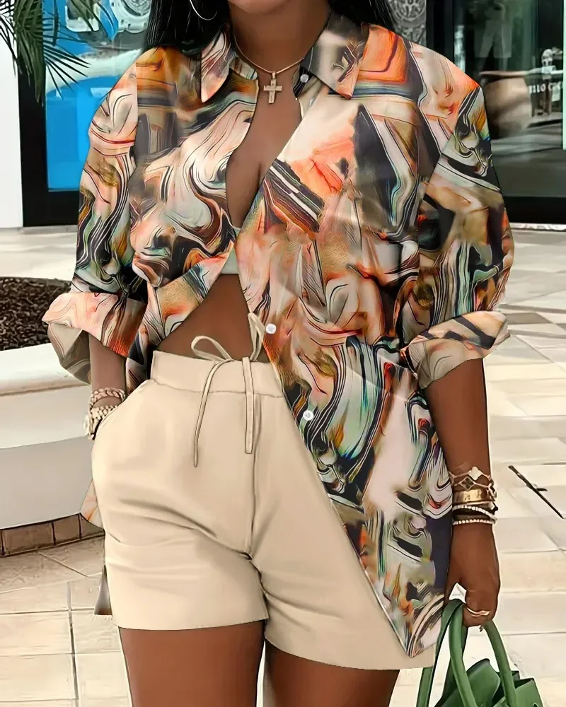 Print Two Piece Sets Women Turn Down Collar Short Sleeve Matching Sets Shirts Drawstring Pants Shorts Set Beach Summer Club