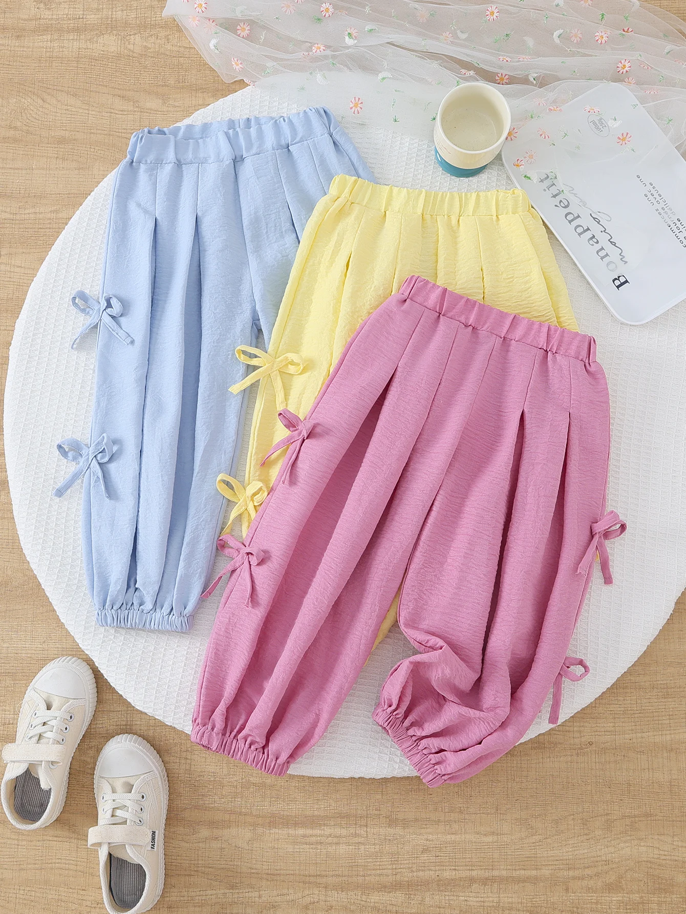 

Kids Light Pink Sleeveless Shirt Dress Ruffled Sleeves+3D Flower Decoration Waisted Skirt Sweet Fresh Daily Wear