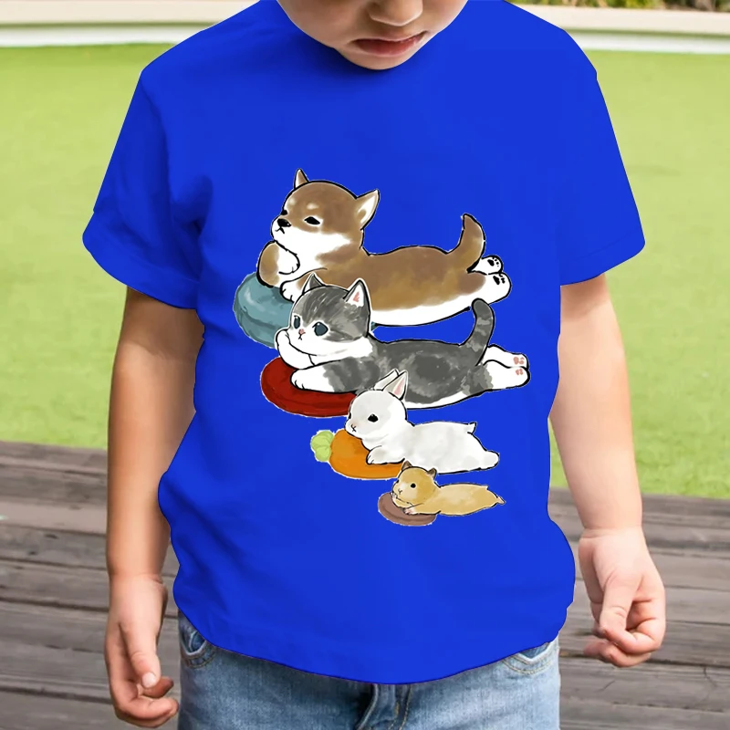 2024 New Fashion Brand T-shirt Cartoon Dumbfounded Cat and Dog Print T Shirt Boy Girl Short Sleeve Cute Trend Kids Animal Tshirt