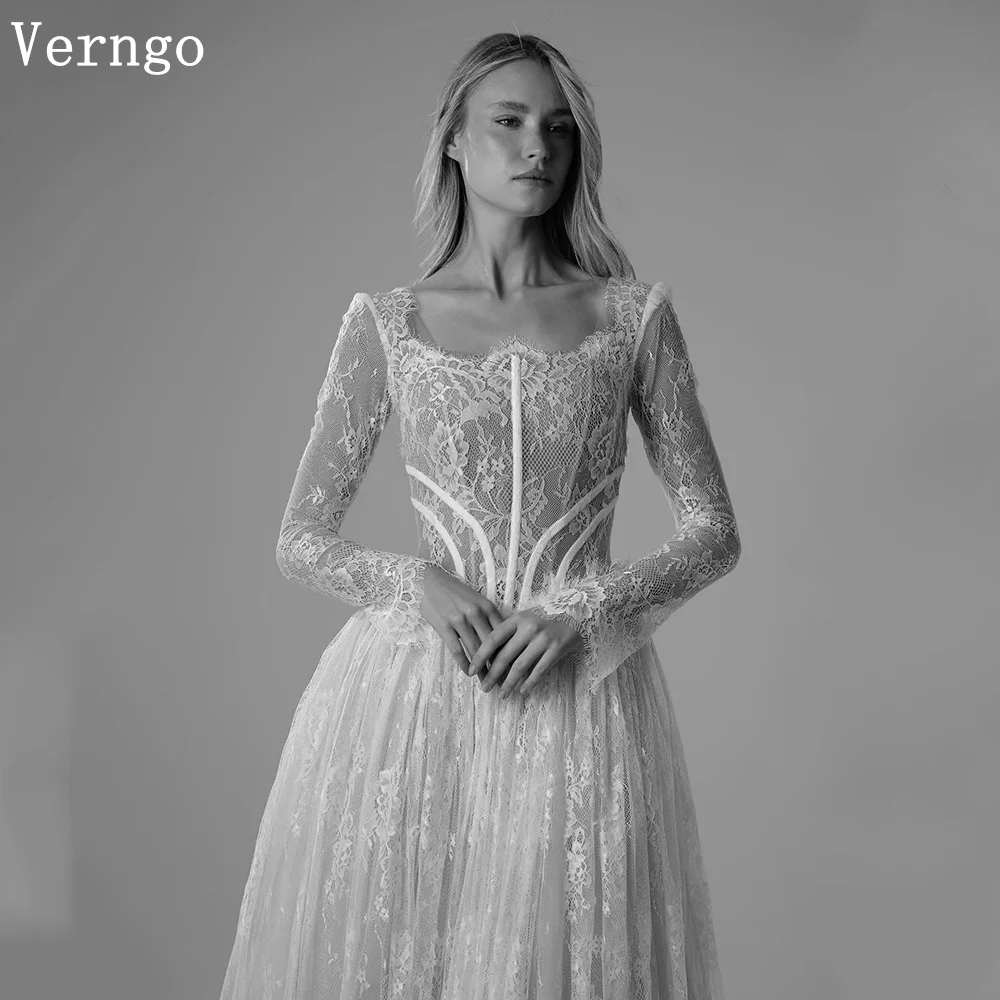 Verngo lvory Lace Wedding Dress Boho Square Collar Full Sleeves A Line Bridal Gowns Elegant Modern Bride Dresses Customized