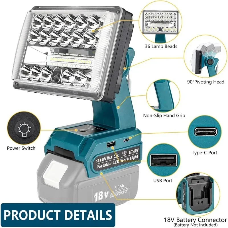 Imagem -04 - Lanterna Led de 28w com Portas Usb e tipo c para Makita Bosch Dewalt Milwaukee Ryobi Black & Decker Craftsman Bateria de 18v