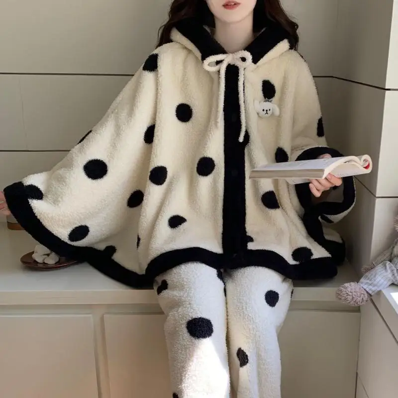 بيجامة نسائية نصف كومة مجموعة خريف وشتاء شال بناتي ملابس نوم عباءة بدلة بيجامة مبطنة بالصوف ملابس منزلية من الصوف المرجاني #6