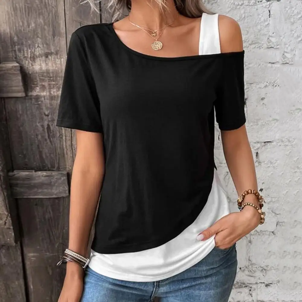 

Stretchy Top Loose Fit Women Blouse Stylish Off-shoulder Summer Tops for Women Skew Collar Short Sleeve Tee with Patchwork Color