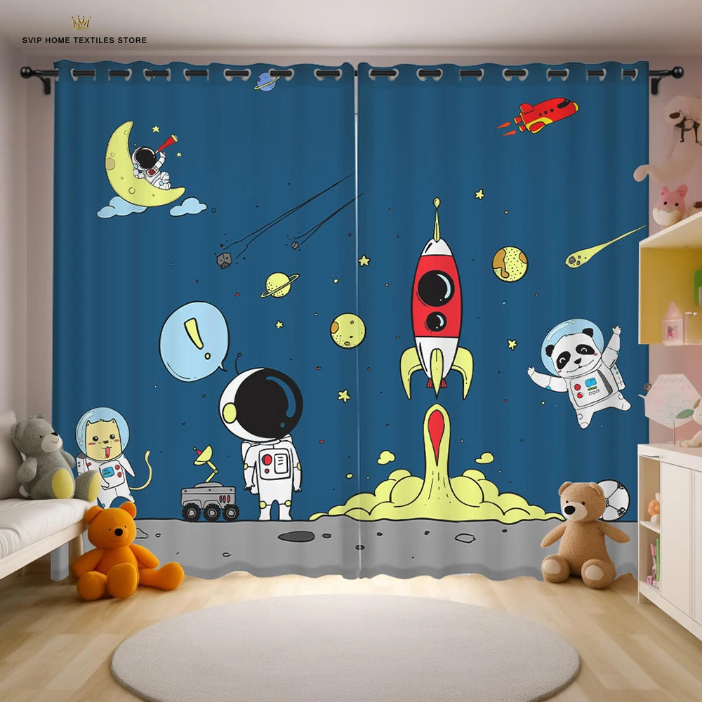 Cartoon Out Space Curtains for Kids, Galaxy Rocket for Baby Boys Bedroom, Children Astronaut Planet Starry Art Printed, Playroom