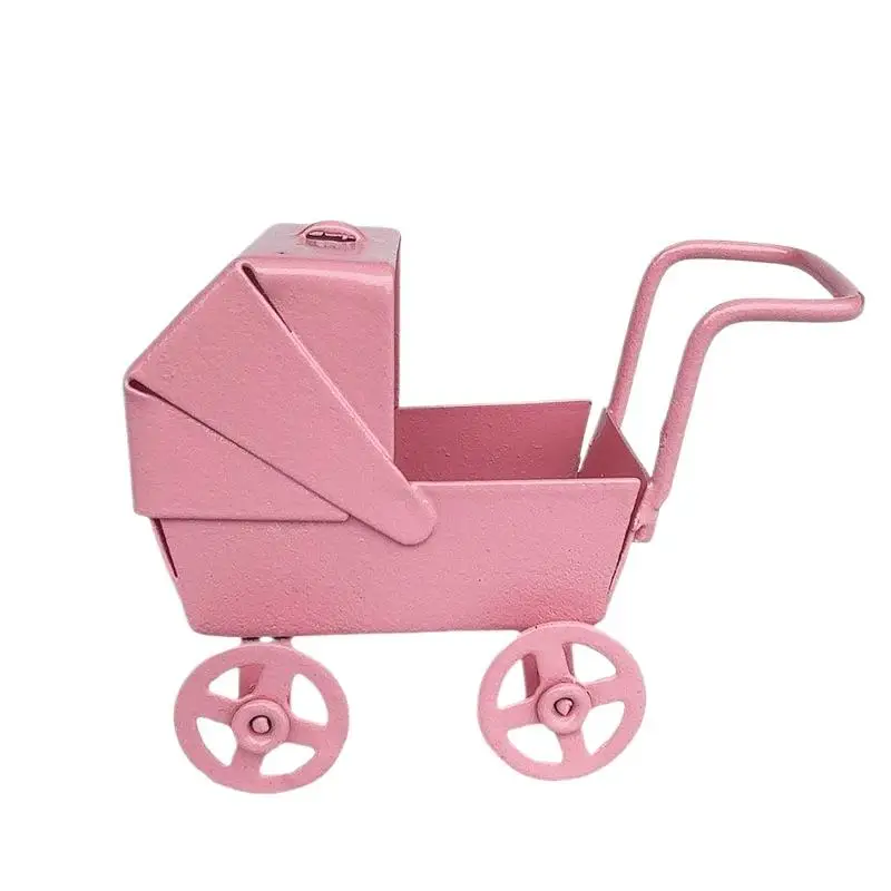 1:12 Dollhouse Miniatures Pink Baby Stroller Model Wheels Can Turn Doll House Accessories Decor Kids Pretend Play Toys DIY Gifts