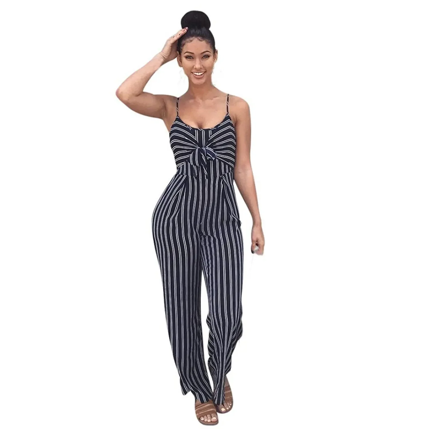 Summer European and American Large Size Women's Sexy Nightclub Stripe Sling Wide Leg Jumpsuit