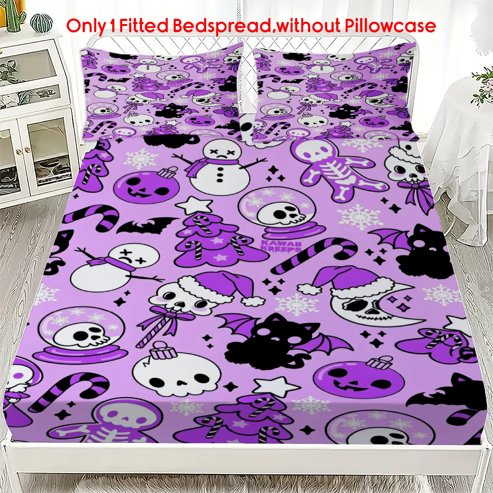 Christmas Fitted Sheet, Pastel Purple Xmas Skull Bat Snowman Ginger Skeleton Print Deep Pocket Bed Fitted Sheet, No Pillowcase