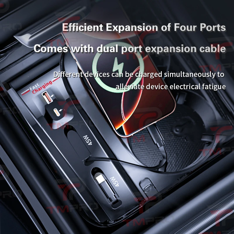 Fast charging dock for Mercedes C-Class/CLE-Class center console, equipped with dual 45W retractable charging cables