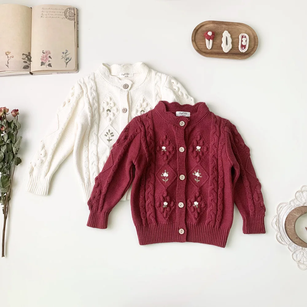 Toddler Girls Sweater Children Knitted Jumper With Hand Embroidery Kids Autumn Winter Clothes Coat 2-7Y