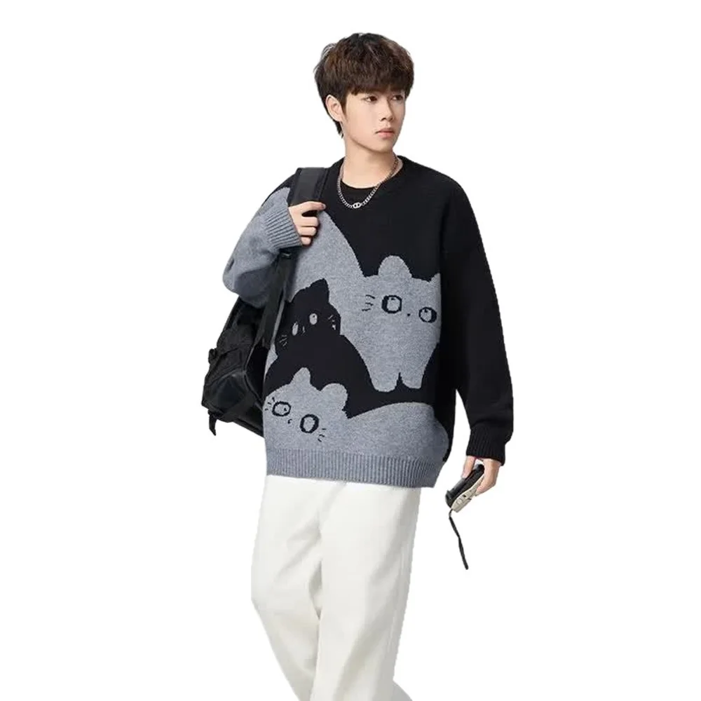 

Men's Round Neck Loose Pullover Knit Sweater Long Sleeve Breathable Hong Kong Style Knit Sweater Pullover Sweater Loungewear